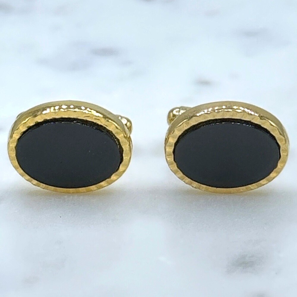 Vintage Oval Black Center & Gold Tone Bullet Back Elegant Formal Cufflinks - Picture 4 of 10